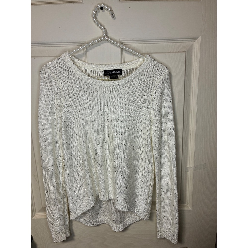 Jordache Sequin Sweater Girls XL 14-16 White Excellent High Low Knit Sparkle